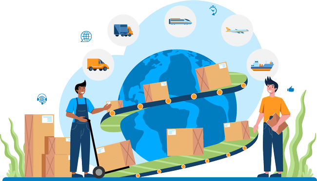 puzzle ecommerce business workers shipping parcels around the world with shipping software