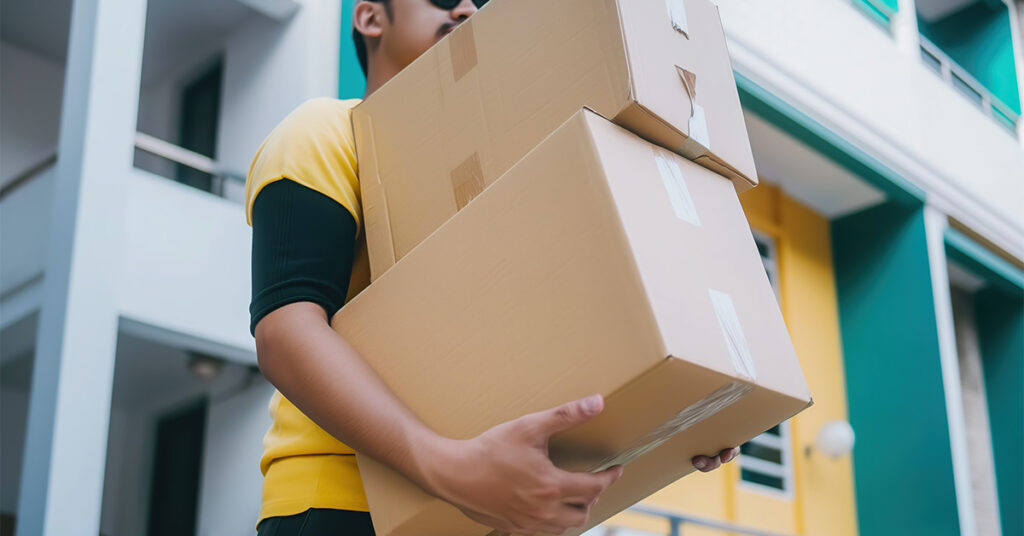 Worker carrying parcels to the shipping hub after hours to prevent shipping delays